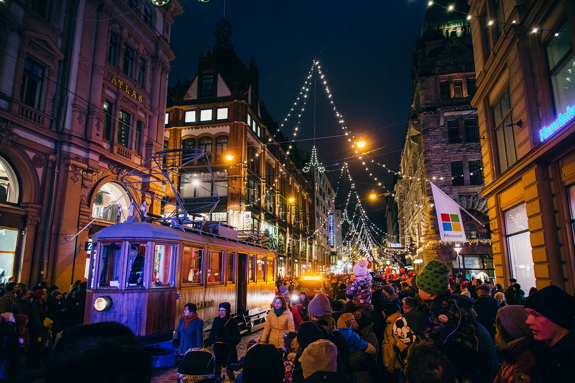 Photo of a street decorated street in Helsinki